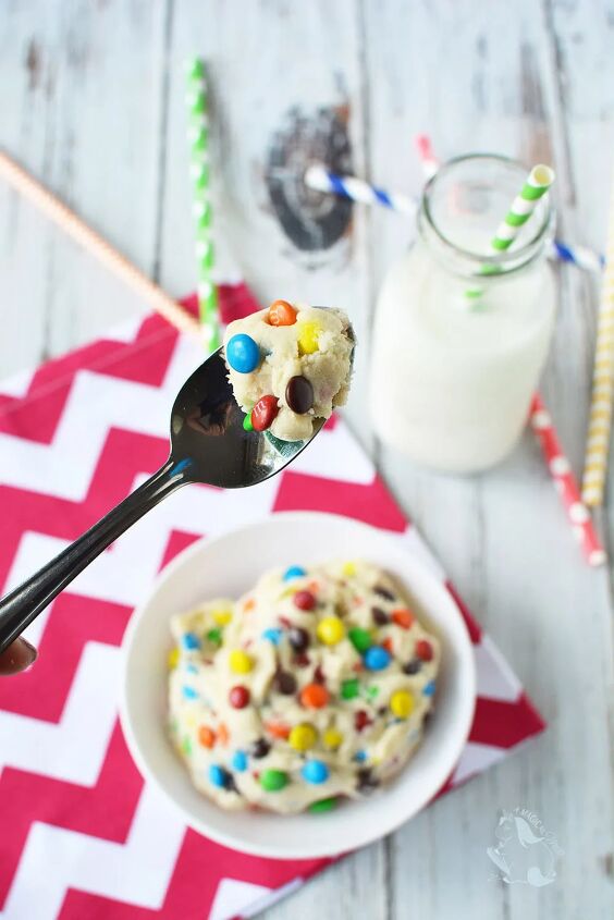 no bake cookie dough with m m candies, Spoonful of cookie dough dip with mini M M s