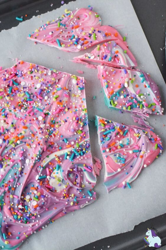 sweet and colorful magical unicorn bark, Pink and blue swirly bark candy on a baking sheet