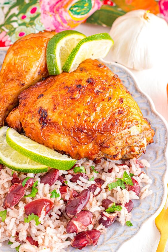 air fryer jerk chicken, Air fryer jerk chicken on a plate with rice and peas