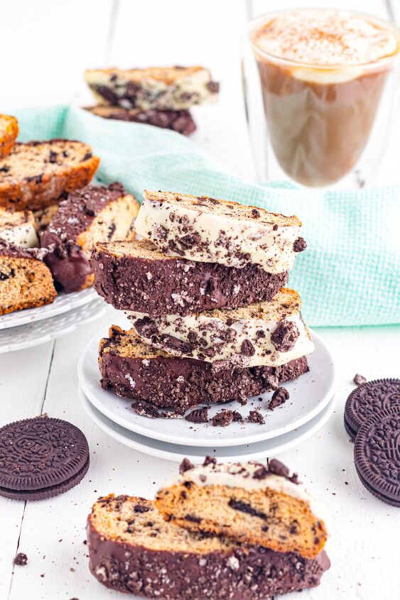 oreo biscotti, Oreo Biscotti dipped in chocolate stacked on a plate