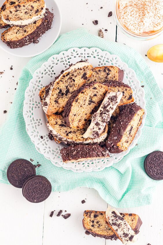 oreo biscotti, Oreo Biscotti on a plate with crumbs on the table