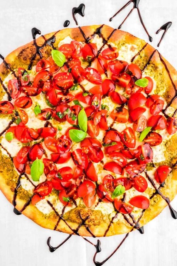 easy bruschetta pizza recipe, Bruschetta Pizza topped with tomatoes basil and balsamic glaze