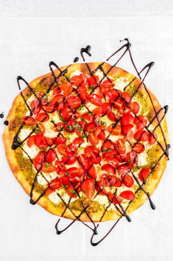 easy bruschetta pizza recipe, Bruschetta Pizza out of the oven drizzled with balsamic glaze