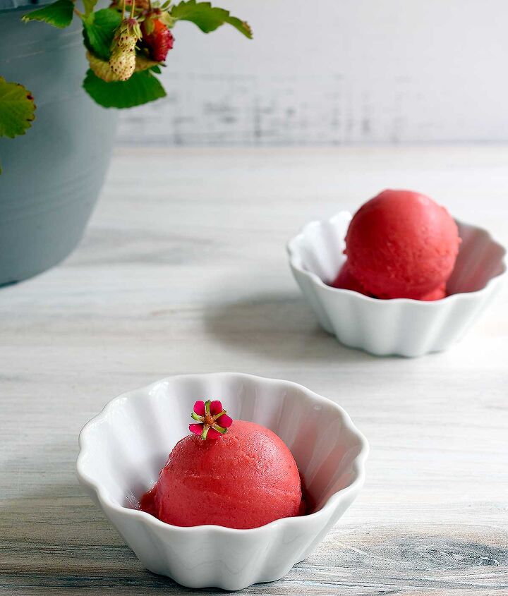 Strawberry sorbet in a white ceramic dish garnished with a strawberry flower with a strawberry plant in the background