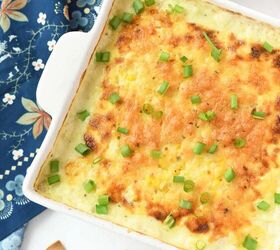 cheesy grilled corn ricotta dip, A square crock with cheesy corn dip inside