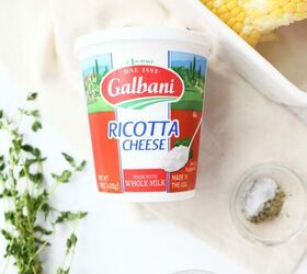 cheesy grilled corn ricotta dip, A container of red Galbani ricotta cheese with fresh thyme nearby