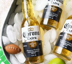 game day pizza dip, Corona Beer on Ice with lime and a mini football
