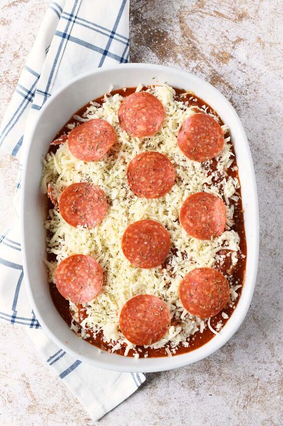 game day pizza dip, Unbaked pepperoni cheese dip with pepperonis