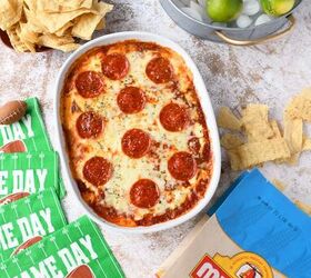 game day pizza dip, Pizza dip with beer limes and Mission tortilla chips