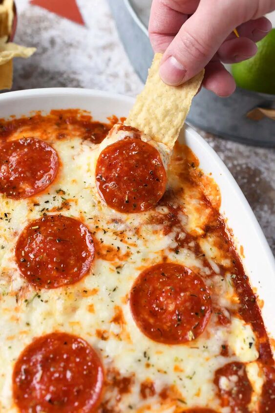 game day pizza dip, Pepperoni Pizza dip on a Mission tortilla chip