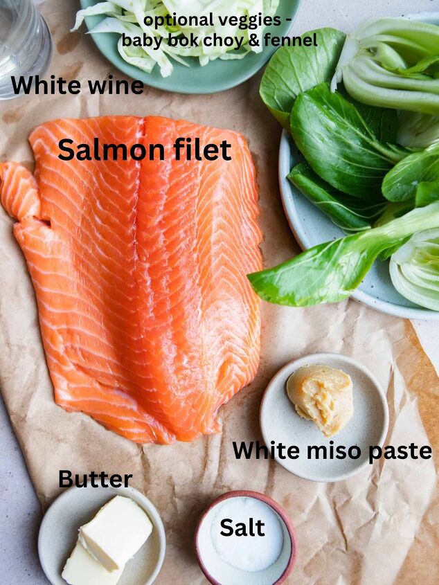 miso butter salmon quick easy, raw salmon white miso paste butter white wine and baby bok choy on a cutting board