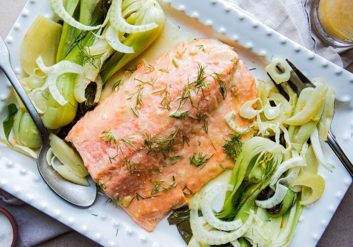 miso butter salmon quick easy, miso butter salmon on a white platter with fennel and baby bok choy