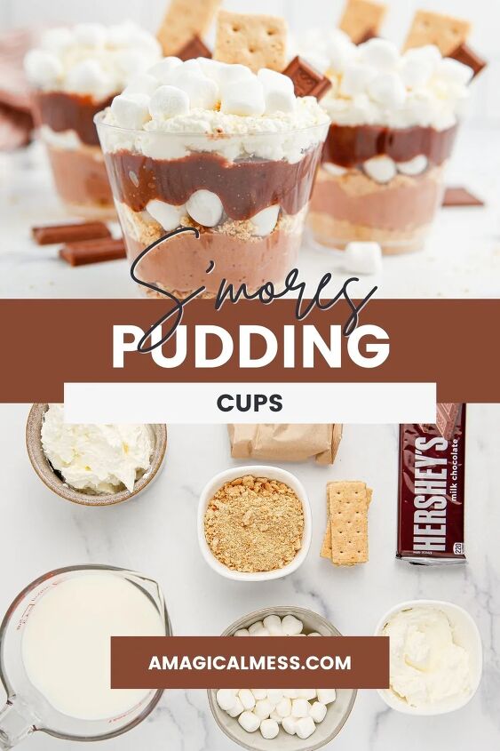 unforgettable s mores pudding cups recipe, Ingredients and finished s mores pudding cups