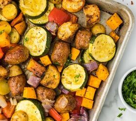 sheet pan sausage and veggies, Sausage and Veggies on a sheet pan after cooking in the oven