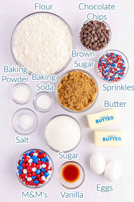 easy fourth of july cookies with m ms, Ingredients to make July 4th cookie bars flour sugar butter eggs M M s sprinkles