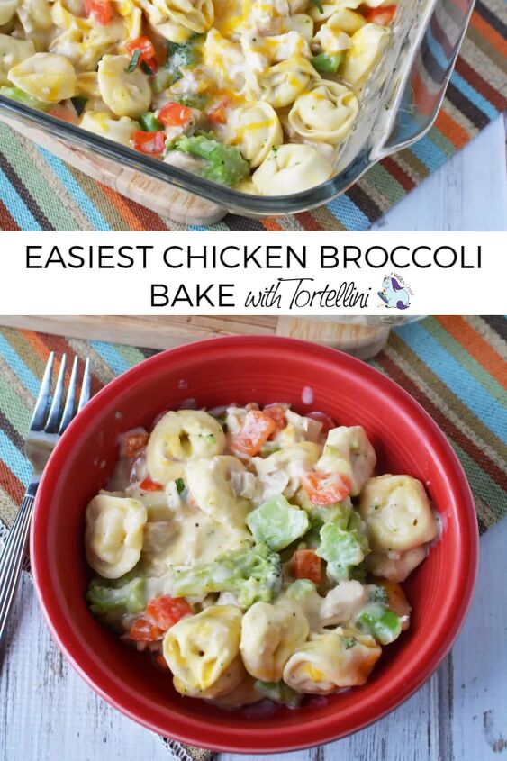 the easiest chicken broccoli bake with tortellini ever, chicken broccoli bake in pan and bowl