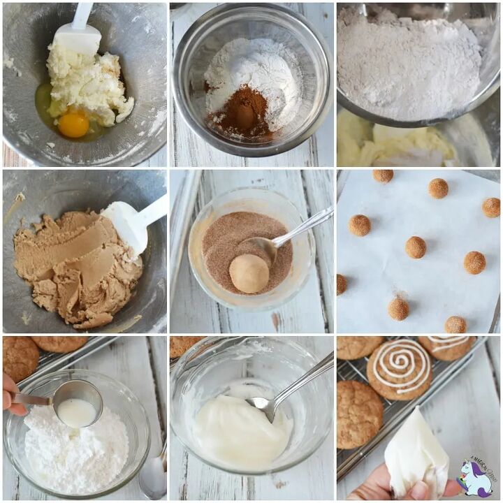 chewy cinnamon roll cookies with icing swirl, Collage of steps to make cinnamon roll cookies