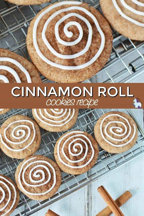 chewy cinnamon roll cookies with icing swirl, Cinnamon roll cookies on a baking rack