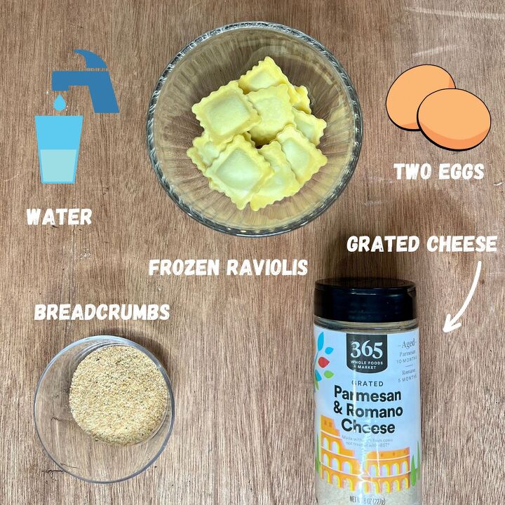 easy air fryer toasted ravioli, Ingredients for toasted raviolis water frozen raviolis eggs breadcrumbs and parmesan cheese