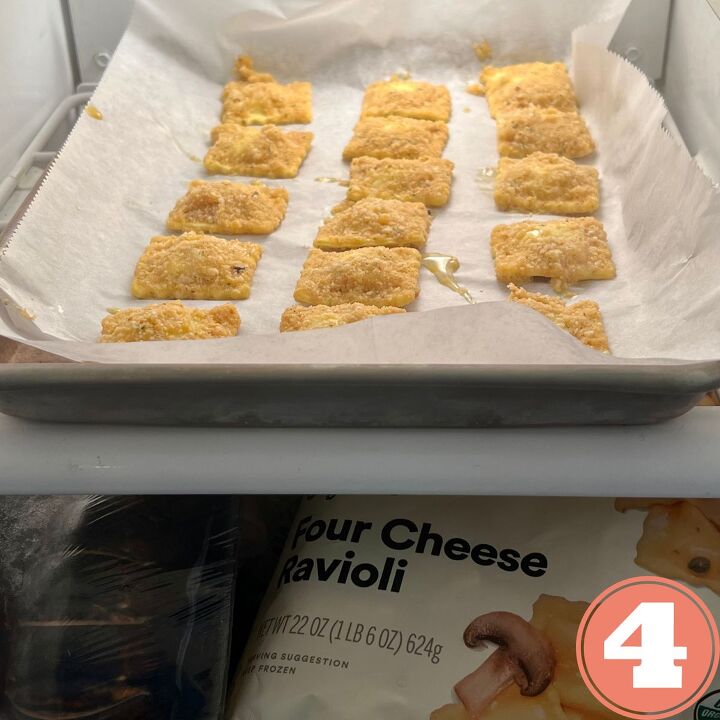 easy air fryer toasted ravioli, A tray of homemade toasted raviolis in the freezer