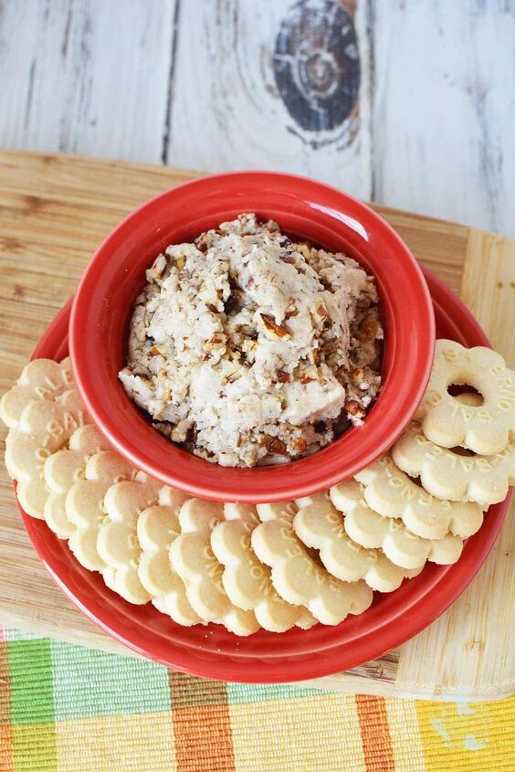 butter pecan cookie dough, Overhead shot of butter pecan cookie dough dip in a red dish