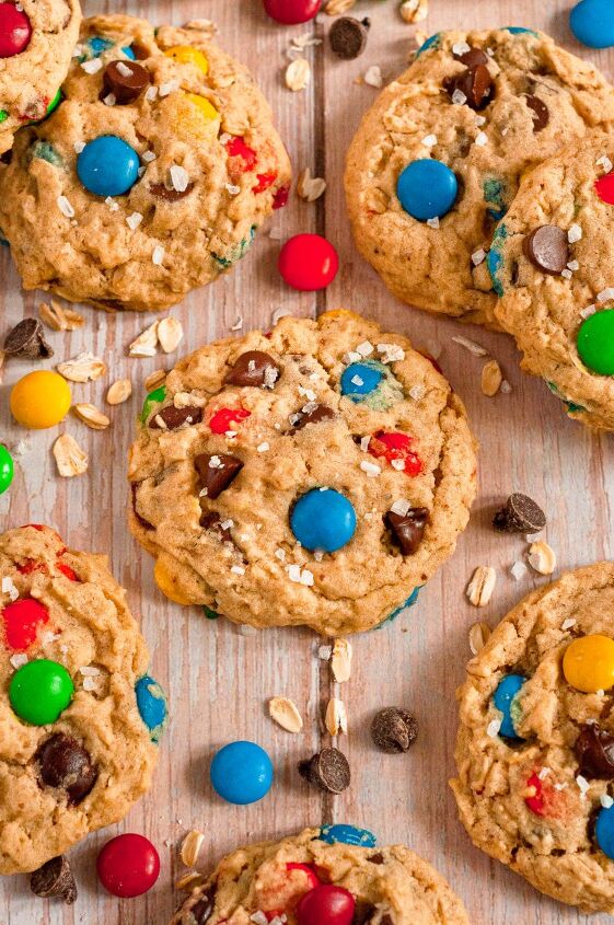 gluten free monster cookies vegan, Light golden brown monster cookies full of chocolate chips and brightly colored M M style chocolate candies