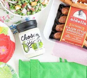 how to make classic pea salad, summer celebration ingredients shown along with reusable green publix shopping bag