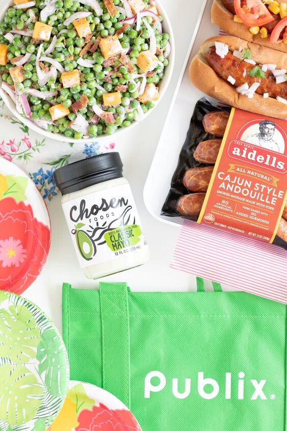 how to make classic pea salad, summer celebration ingredients shown along with reusable green publix shopping bag