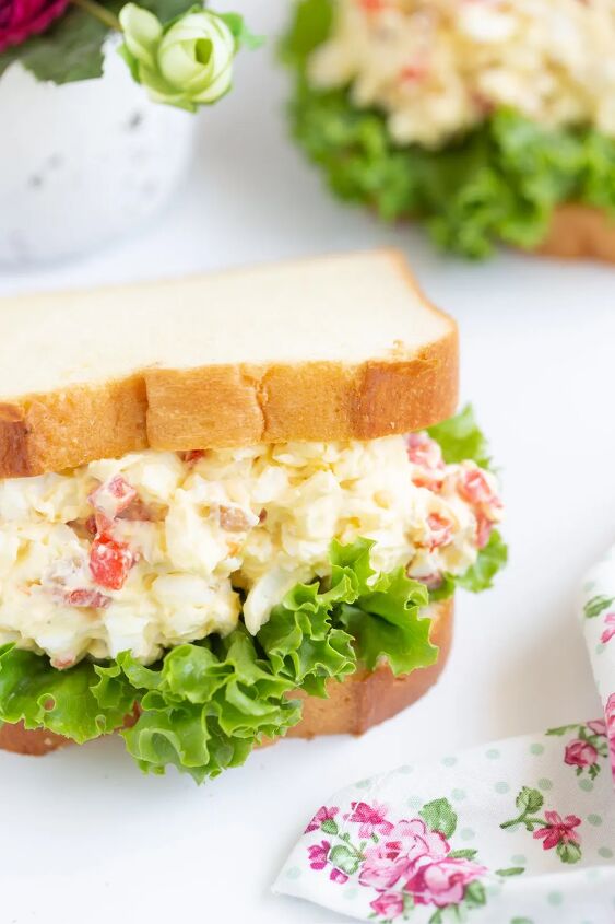 my great grandma s interesting radio egg salad recipe, slightly angled down photo of radio sandwiches otherwise known as egg salad with pimientos and walnuts