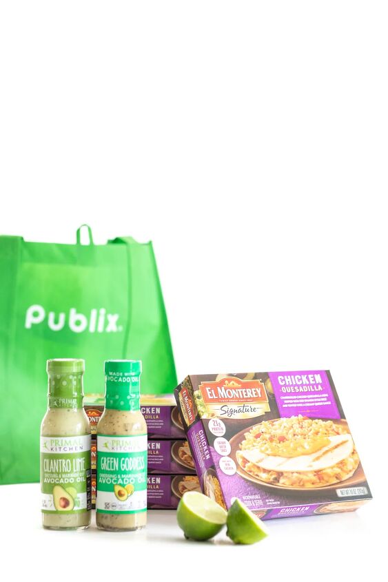 this family style quesadilla salad is better than restaurant versions, publix reusable shopping bag Primal Kitchen salad dressings lime and cilantro and green goddess El Monterey chicken quesadilla meals