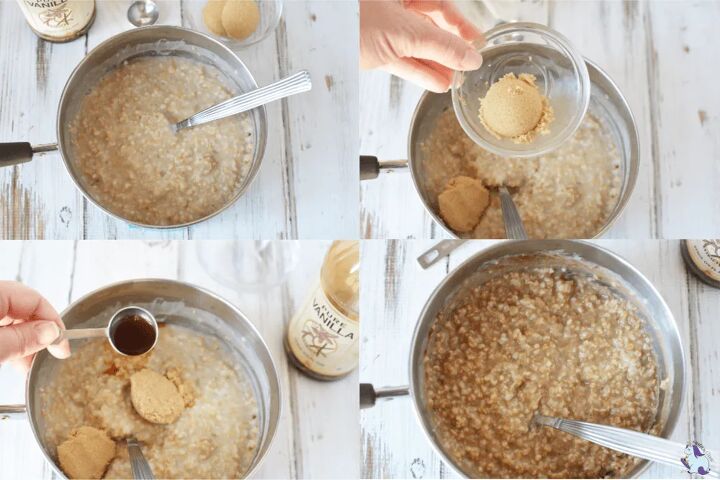 filling and delicious cinnamon roll oatmeal recipe, Stirring oats and other ingredients in a collage of images to make oatmeal