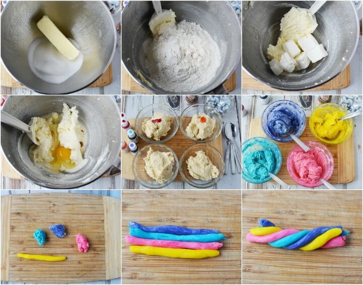 sparkly and colorful unicorn poop cookies, Pictures of steps to make the dough for cookies