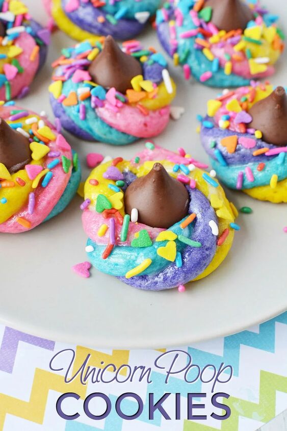 sparkly and colorful unicorn poop cookies, Rainbow colored swirl cookies with a chocolate kiss