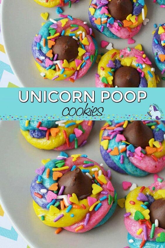 sparkly and colorful unicorn poop cookies, Unicorn poop cookies on a plate collage