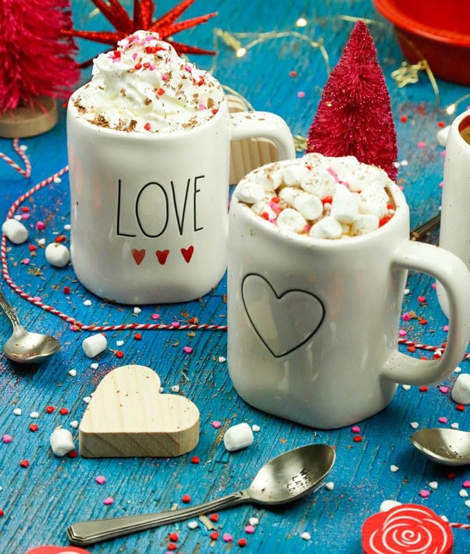 french vanilla hot chocolate with sweet cream valentine s day recipe, Two Mugs of French Vanilla Sweet Cream Hot Chocolate
