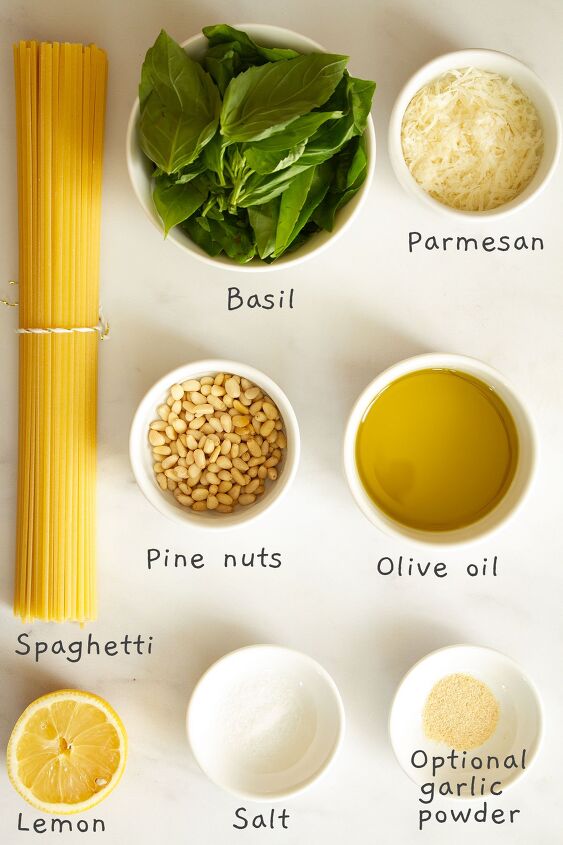 linguine pesto pasta linguine al pesto, All recipe ingredients laid out on a white background