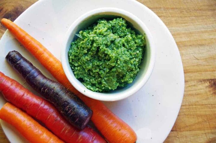 Homemade pesto with carrot tops and basil
