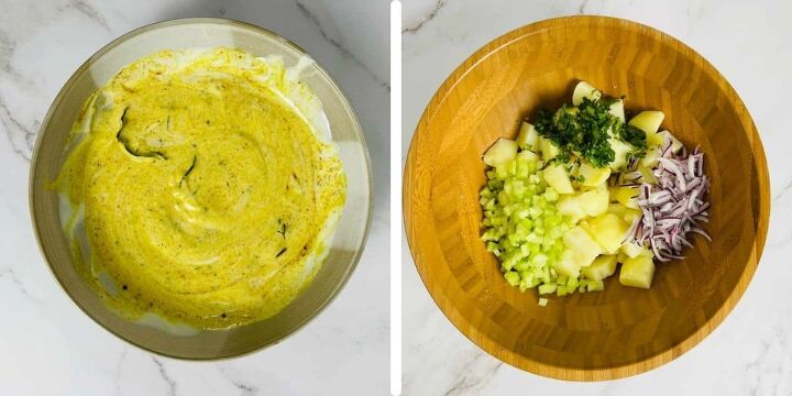 best curried potato salad recipe, Make the dressing and gather the veggies