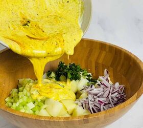 best curried potato salad recipe, Add dressing to the veggies
