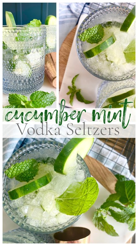 cucumber mint vodka seltzers, Collage of glass tumblers with cucumber mint vodka seltzers