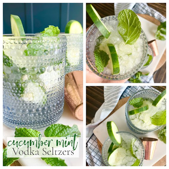 cucumber mint vodka seltzers, Collage of cucumber mint vodka seltzers on marble and wooden board