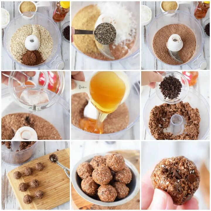 double chocolate energy balls recipe, Oats seeds and other ingredients to make chocolate energy balls This is a collage showing the steps to make them