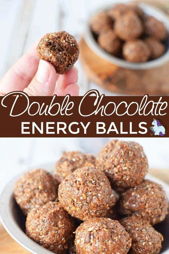 double chocolate energy balls recipe, Energy bites with chocolate chips in a hand and in a bowl