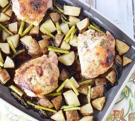 honey herb baked chicken thighs sheet pan dinner, Chicken thighs baked on a sheet pan with potatoes and asparagus
