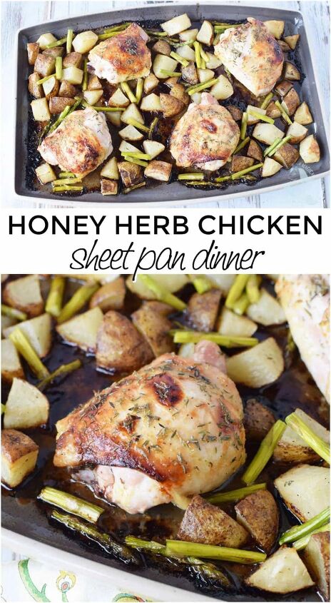 honey herb baked chicken thighs sheet pan dinner, Backed chicken thighs on a sheet pan with potatoes and veggies