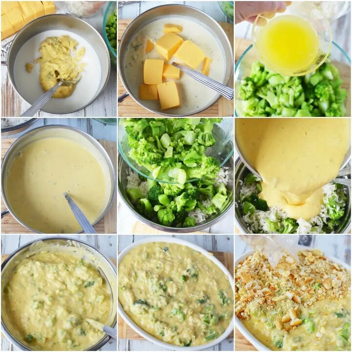 family favorite cheesy broccoli rice casserole, Velveeta Ritz crackers broccoli and rice in all of the steps to make cheesy broccoli casserole