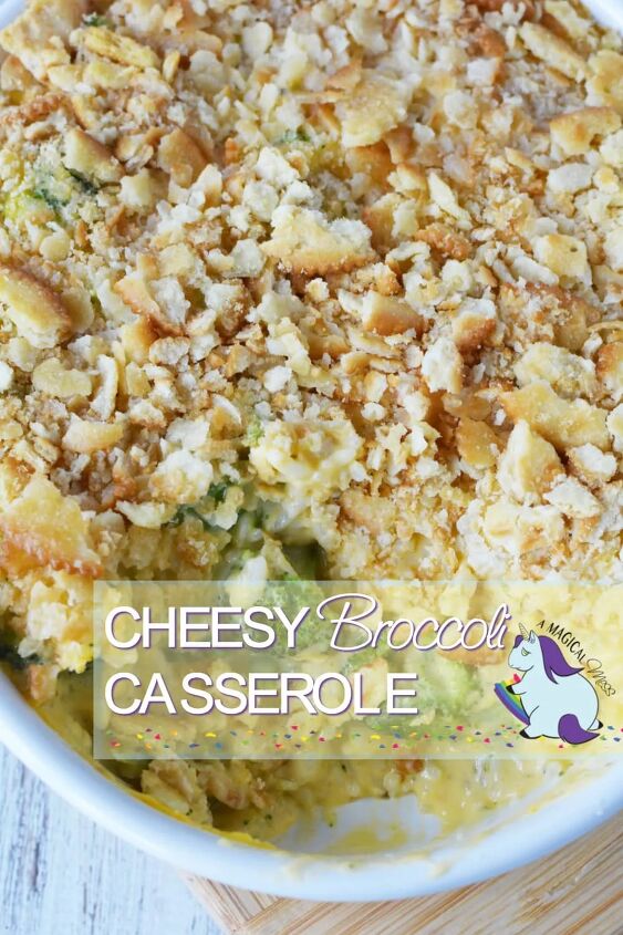 family favorite cheesy broccoli rice casserole, Broccoli and rice casserole topped with crackers in a dish