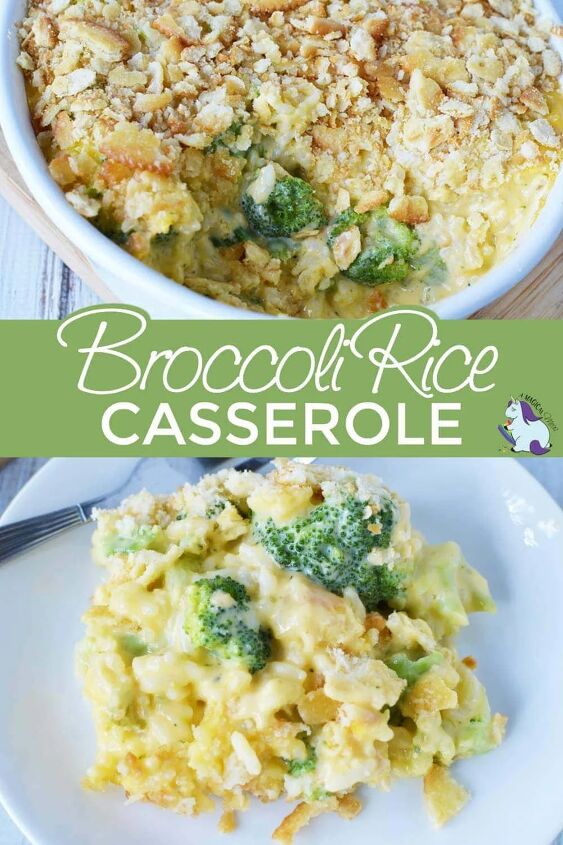 family favorite cheesy broccoli rice casserole, A casserole dish with cheesy broccoli side dish and a serving on a plate