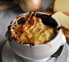 A bowl of crock pot French onion soup