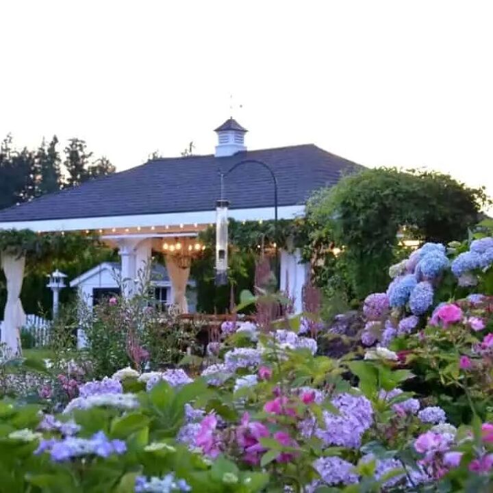 how to make delicious honey garlic butter shrimp and zucchini, How to Create A Beautiful Outdoor Dining Pavilion pink and purple hydrangeas hummingbird feeder sunset sky vines on pavillion cupola bird house